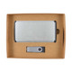 A silver power bank and matching USB drive are presented in a cardboard gift box. The box has a simple design.