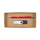 A cardboard gift set containing a red pen and a USB flash drive.