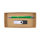 A pen in green and silver, along with a black and white USB flash drive, are presented in a cardboard gift box.
