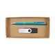 A teal pen and a black and white USB flash drive in a cardboard gift box.