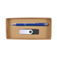 A cardboard gift set containing a blue pen and a USB flash drive, all presented in a simple brown box.