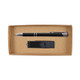A boxed gift set featuring a sleek black pen and a USB flash drive, all packaged in a simple cardboard box.
