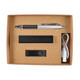 A gift set containing a pen, a power bank, a USB charging cable, and a flash drive, all presented in a cardboard box. A gift set containing a pen, a power bank, a USB charging cable, and a flash drive, all presented in a cardboard box.