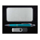 A silver gift box containing a teal pen and a dark gray USB drive.