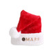 A red plush Santa hat with a white fur trim and a logo on the front.