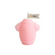 A pink sweater-shaped candle with a textured knit design and a small flag. It includes a branding logo.