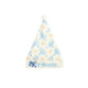 A festive Santa hat featuring blue and yellow designs of menorahs and stars on a white background.