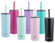 A drink bottle collection featuring eight vacuum tumblers in various pastel colours including blue, pink, green, and black, with straws.