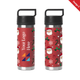 A drink bottle featuring a festive Christmas red design with a solid black handle and an area for a logo.