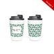 A double-walled coffee cup in white with a festive green tree design and a black lid. It features a logo.