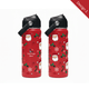 A drink bottle in bright Christmas red featuring festive designs, a carry handle, and a logo.