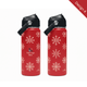 A drink bottle in Christmas red, featuring a black carry handle and snowflake patterns, with a logo.