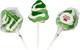 Small Christmas tree lollipops in green and white spiral design, featuring a logo on one wrapper.