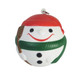 A cheerful snowman keyring in white, green, and red, with a smiling face and a small shovel accessory.