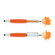 A stylus pen in orange and white with a whimsical character head featuring orange yarn hair and a smile. It has a logo.