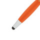 An orange pen with a black stylus tip and a silver end, featuring a logo on the body.
