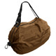 A foldable shopping shoulder bag in brown with black straps and a logo.