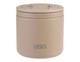 A drink bottle in beige with a secure lid and a logo, designed for vacuum food storage.