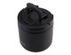 A black vacuum food flask with a handle and a spork attached, featuring a logo on the side.