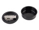 A black plastic container with a metal clasp lid, featuring an inner removable bowl.