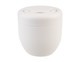 A drink bottle in a sleek, off-white design with a spill-proof lid and a smooth finish. It features a logo.