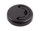A round black lid with a groove design for easy handling, featuring a logo on the surface. A round black lid with a groove design for easy handling, featuring a logo on the surface.