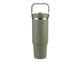 A drink bottle in olive green with a silver band and a carry handle, featuring a logo on the front.