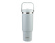 A drink bottle in pale blue, featuring a stainless steel band and a handle for easy carrying. It includes a logo.