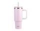 A drink bottle in soft pink with a silver band and a handle, featuring a reusable straw and a branding logo. A drink bottle in soft pink with a silver band and a handle, featuring a reusable straw and a branding logo.