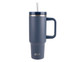 A drink bottle featuring a navy blue body, a handle, and a stainless steel straw, with a logo at the base. A drink bottle featuring a navy blue body, a handle, and a stainless steel straw, with a logo at the base.