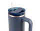 A drink bottle in dark blue with a straw and a handle, featuring a silver band and a lid. A drink bottle in dark blue with a straw and a handle, featuring a silver band and a lid.