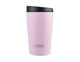 A drink bottle in a soft pink colour with a black lid and a logo.