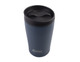 A drink bottle with a curved design in matte navy blue and a black lid, featuring a logo on the side.