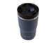 A drink bottle with a dark blue exterior and a black lid, featuring a logo and a spill-resistant design.