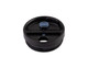 A drink bottle lid in black with a blue seal and a push-button opening mechanism. It features a logo.