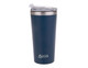 A drink bottle in navy blue with a stainless steel rim and a clear lid, featuring a logo. A drink bottle in navy blue with a stainless steel rim and a clear lid, featuring a logo.