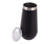 A vacuum champagne flute in matte black with a stainless steel rim and a clear lid. It has a sleek, modern design. A vacuum champagne flute in matte black with a stainless steel rim and a clear lid. It has a sleek, modern design.