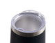 A drink bottle features a stainless steel rim and a transparent lid, showcasing a sleek black design. A drink bottle features a stainless steel rim and a transparent lid, showcasing a sleek black design.