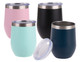 A drink bottle featuring four vacuum wine tumblers in pink, black, mint green, and dark blue, each with a lid. A drink bottle featuring four vacuum wine tumblers in pink, black, mint green, and dark blue, each with a lid.
