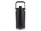 A drink bottle with a black exterior and stainless steel base, featuring a carry handle and a black lid.