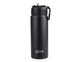 A drink bottle featuring a black matte finish, a sipper spout, and a secure cap, with a logo on the body.
