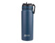 A drink bottle in navy blue with a spout lid and a carry handle, featuring a logo.