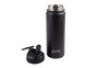 A drink bottle in matte black with a removable spout lid and a logo. Made for vacuum insulation.
