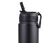 A drink bottle in matte black with a spout and a carrying handle; features a logo on the side.