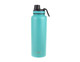 A drink bottle with a turquoise finish, featuring a screw cap and a handle. It has a logo on the side.