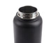A drink bottle with a sleek black matte finish and a stainless steel screw cap opening. It features a logo.
