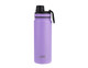 A drink bottle in lavender with a black screw cap and a carry handle, featuring a logo.