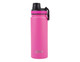 A drink bottle in vibrant pink with a screw cap and a branded logo, featuring a sleek design.