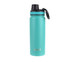 A drink bottle in teal with a screw cap lid and a logo, designed for sports use.