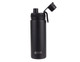A drink bottle in matte black with a screw cap and a removable lid featuring a logo.